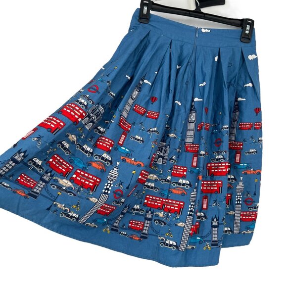 London Cityscape Print Double Decker Bus Taxi Blue Red Pleated Skirt Size XS - Picture 6 of 10